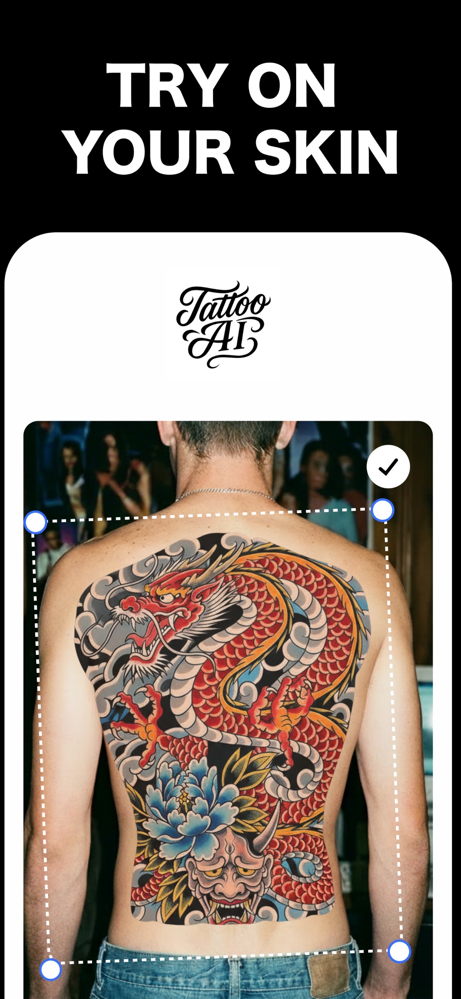 Tattoo AI app placing a Japanese dragon back piece on a man's back to preview it before committing