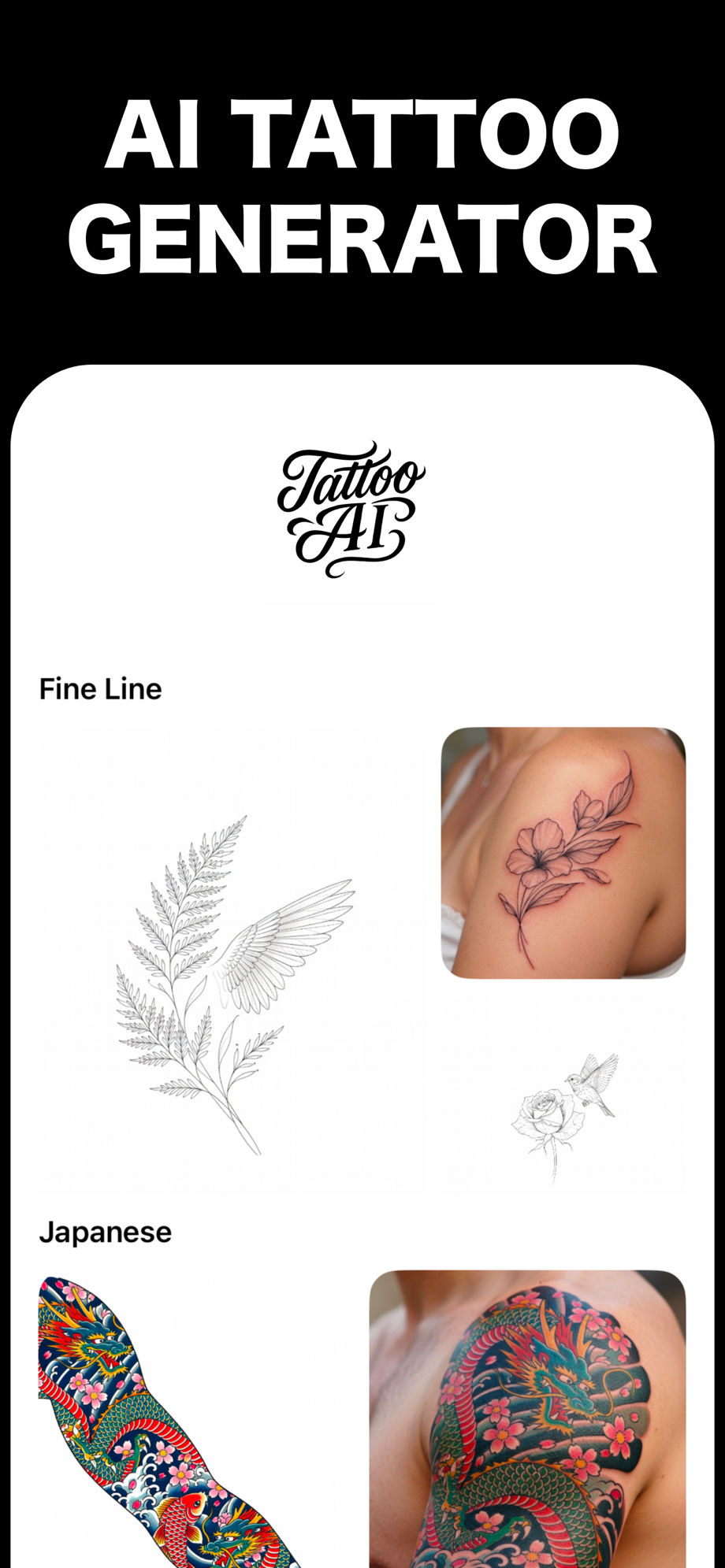 AI tattoo generator results in Fine Line and Japanese styles